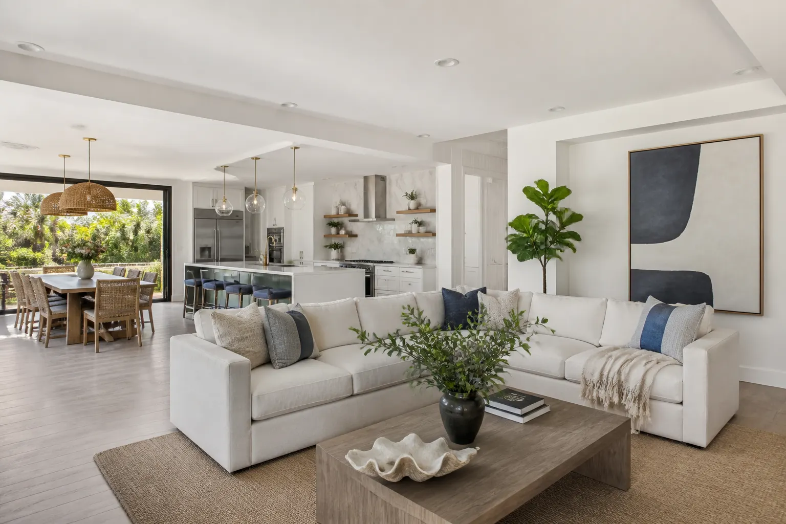 Completed coastal contemporary home remodeling with custom kitchen and garden views