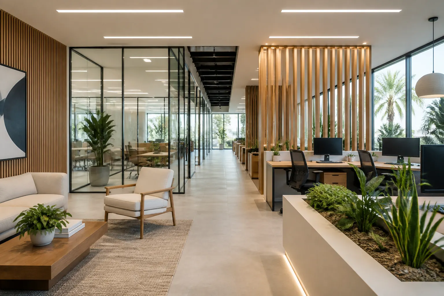 Warm modern office remodeling with wood and glass details